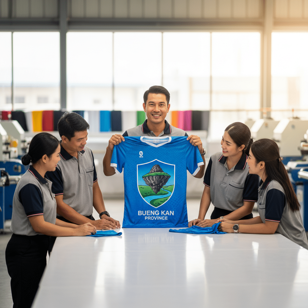 รับผลิตเสื้อพิมพ์ลาย ตราสัญลักษณ์ จังหวัดบึงกาฬ ผลิตโดย KDC SPORT - custom-shirts-bueng-kan-logo