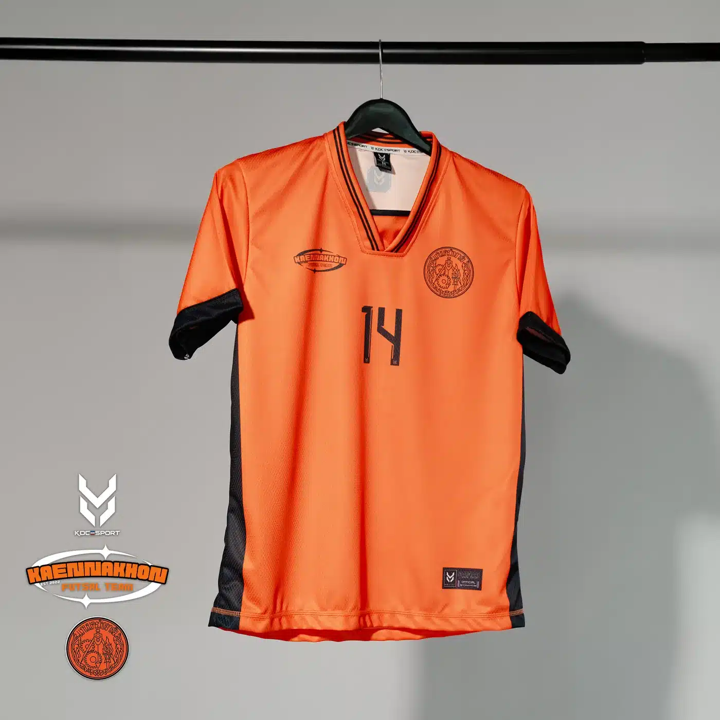 เสื้อฟุตซอลทีมแก่นนครสีส้ม เบอร์ 14 พิมพ์ลายซับลิเมชัน KDC SPORT